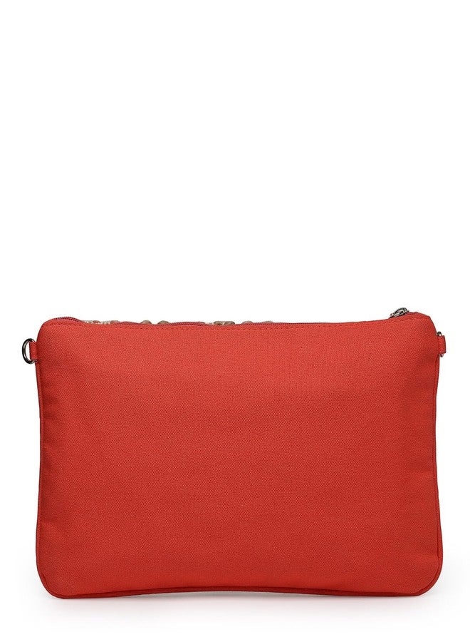 Anekaant Boho Coral & Multi Chevron Self Design Cotton Acrylic Sling Bag - Image 5